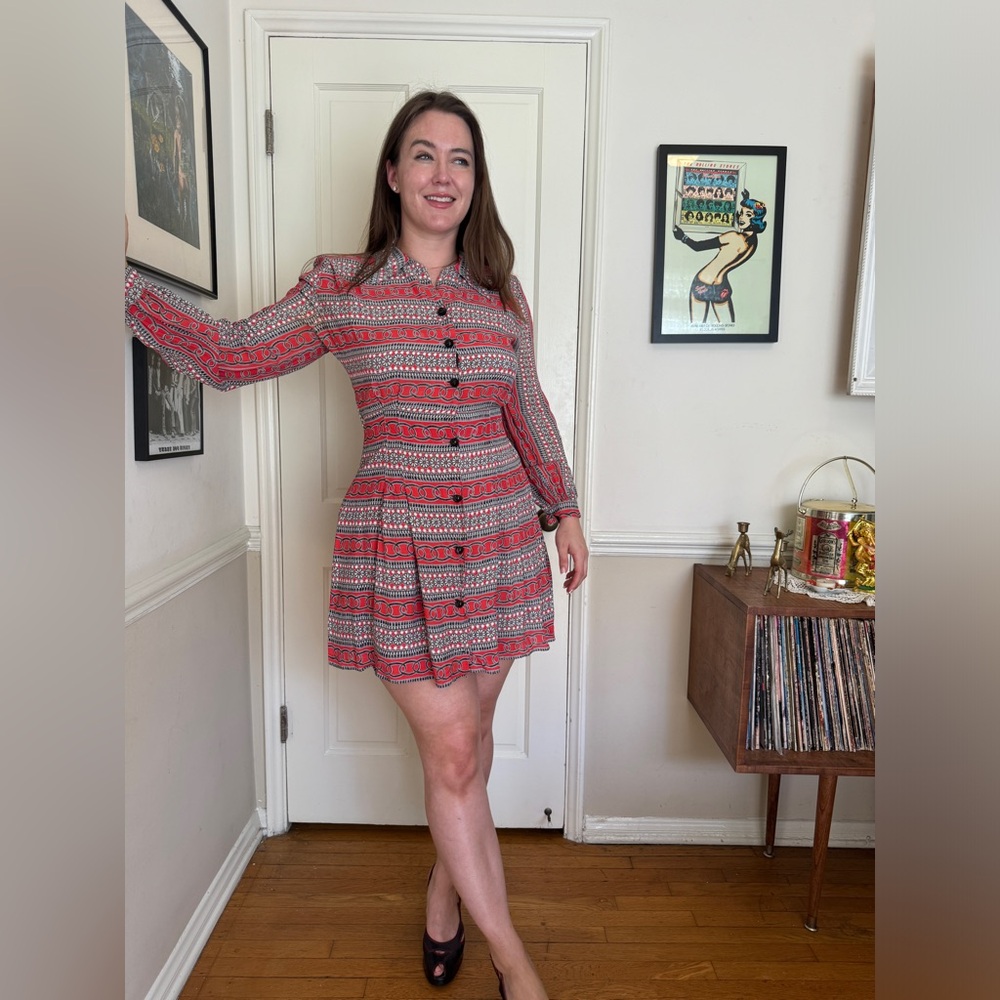 40s Vintage Long Sleeved Red Black and White Rayon Shirt Dress